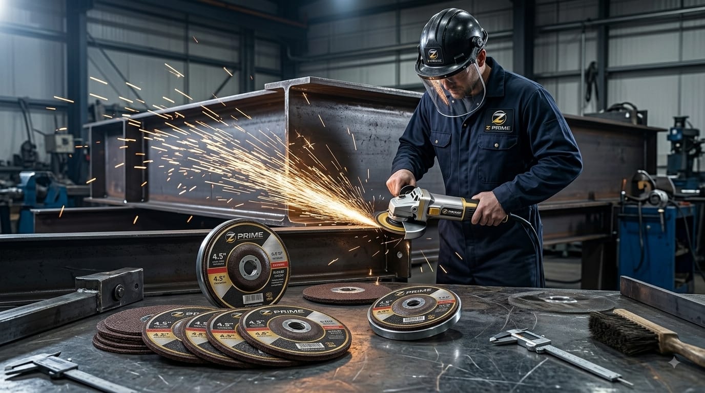 Fabricator grinding structural steel with a Z Prime disc