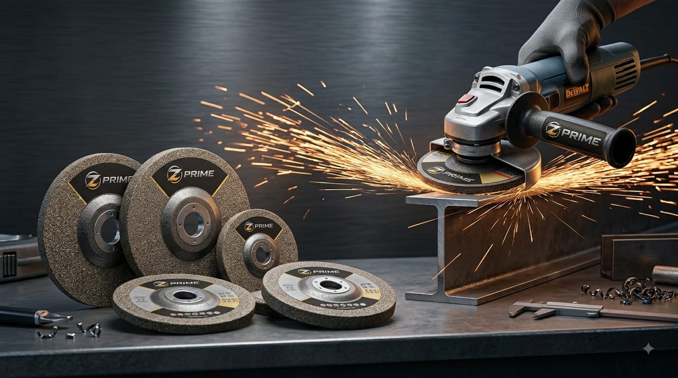 Z Prime cutting and grinding discs beside an angle grinder throwing sparks